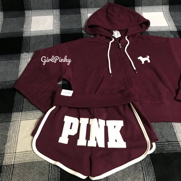 VS PINK IVY TERRY SHORTS OUTFIT & FULL ZIP BURGUNDY WITH LOGO ON THE BUTT XS-XXL - Picture 7 of 8